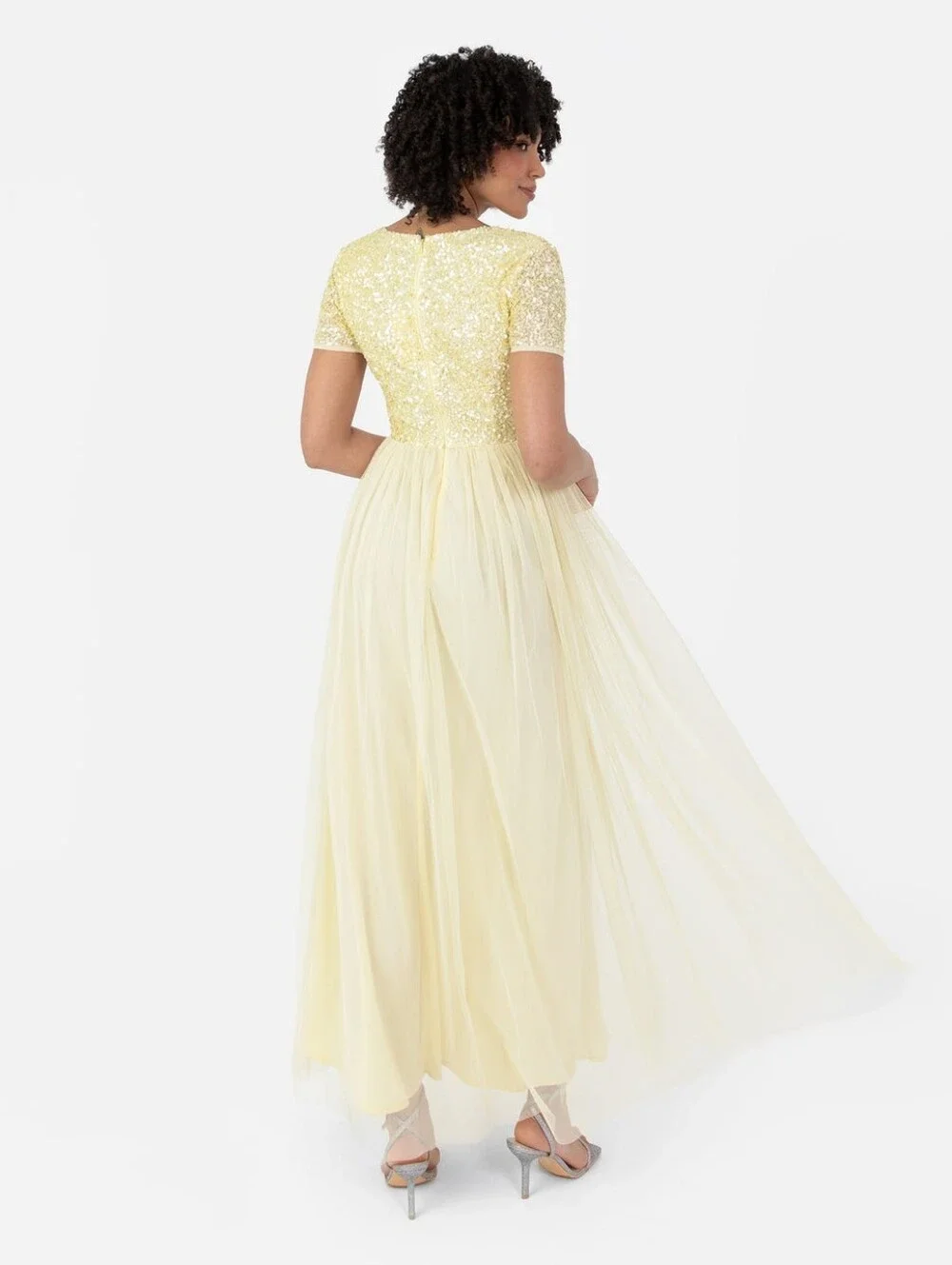 Maya Maternity Cap Sleeve Delicate Sequin Detail Tulle Maxi Dress in Lemon 10 - Picture 6 of 15